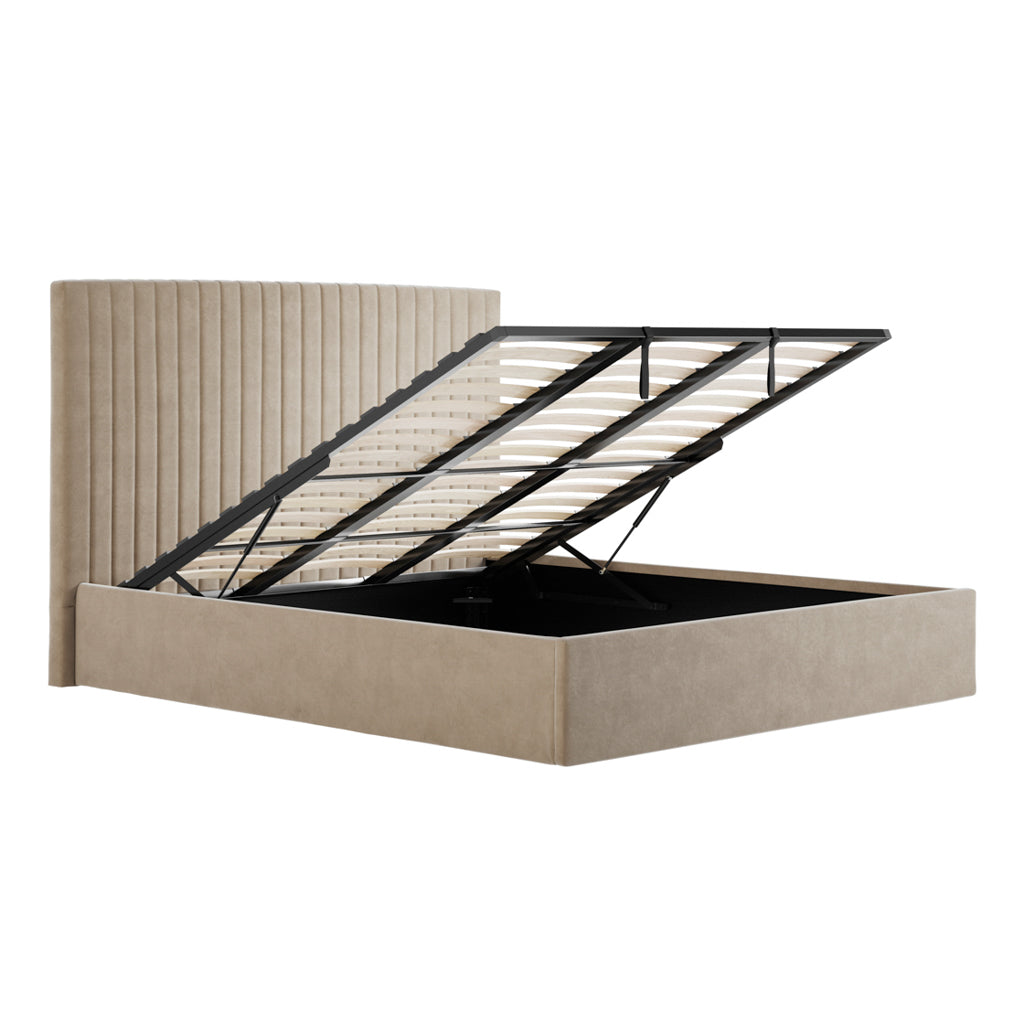 Berlin Beige Velvet Tall Ottoman Super King Size Bed